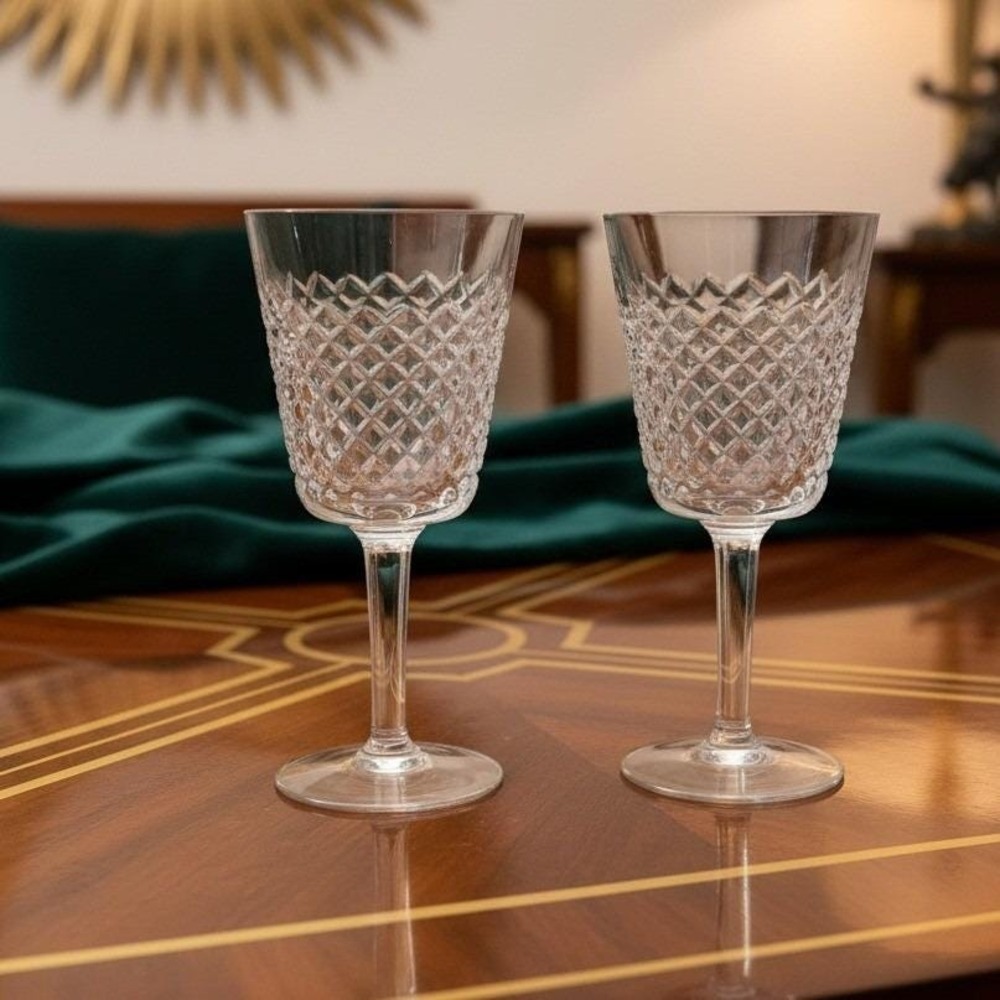 Waterford Clear Crystal Cut-Pattern Wine Glasses (Pair)
